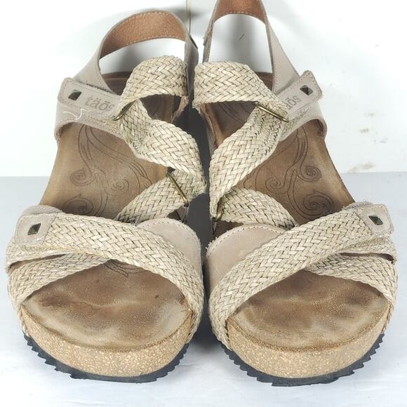 Taos Women’s Julia US9-9,5 Beige Leather Woven Cork Wedge Strappy Sandals - Picture 5 of 16
